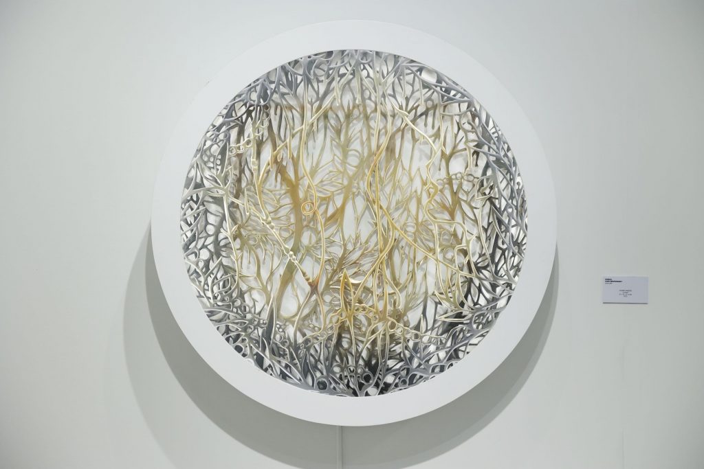 Andres Paredes - "Golden Vines"- Fretwork and paint with Led light- 43 x 43 x 5 inches