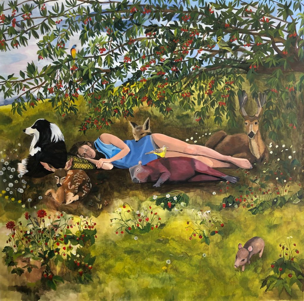 Magdalena Trucc - "Nap in Noah Garden and the Abundance of Red Fruits" - Acrylic on canvas - 79 x 77 inches - 20021